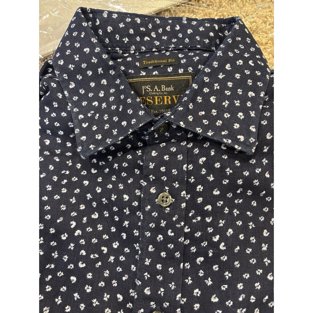 Jos A. Bank Men's 100 Linen Long Sleeve Blue Print Button Down Shirt Lightweight